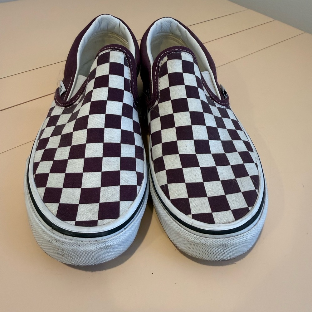 Vans Burgundy and White Checkered Slip-On Sneakers